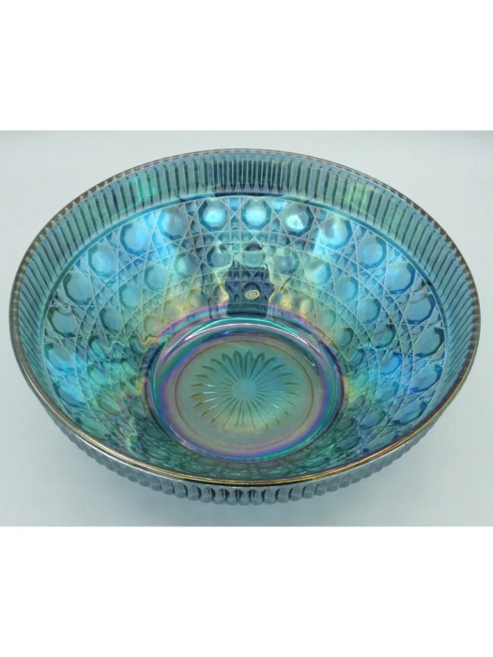 Iridescent Blue Carnival Glass 10 Inch Bowl Indiana Glass Windsor Pattern